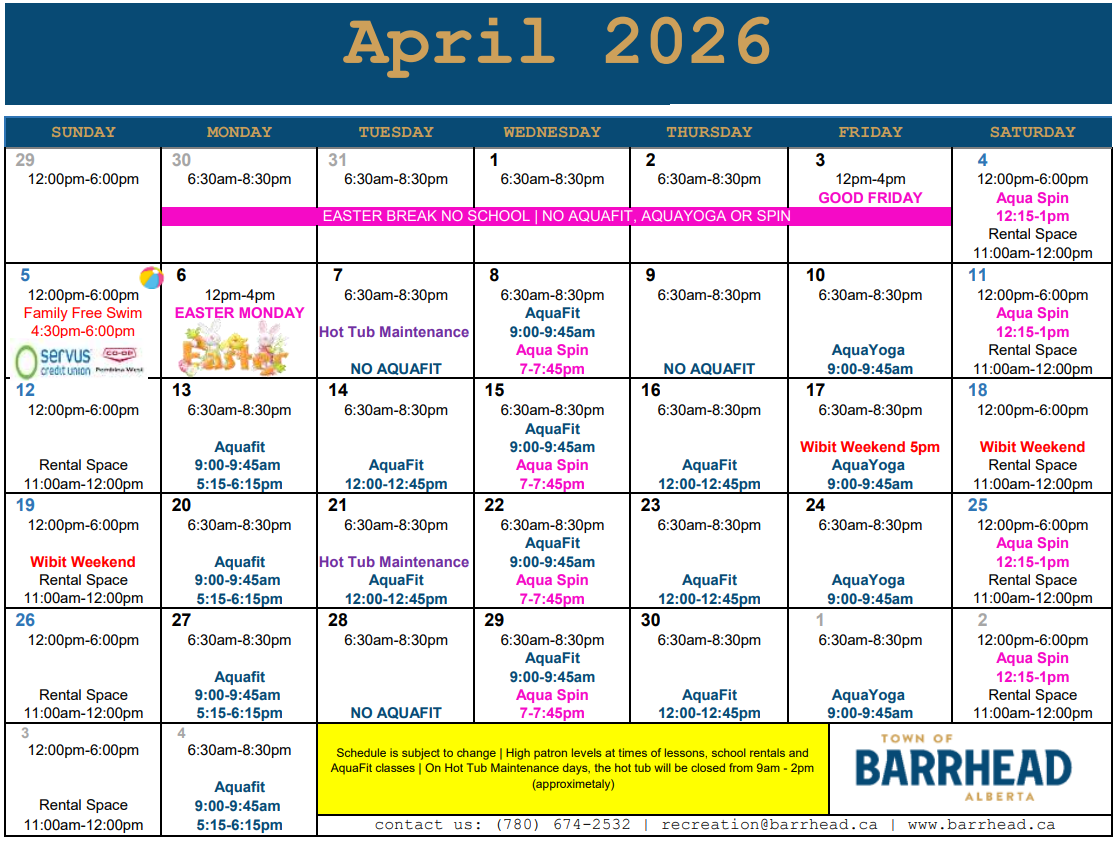 barrhead public swim schedule april 2026
